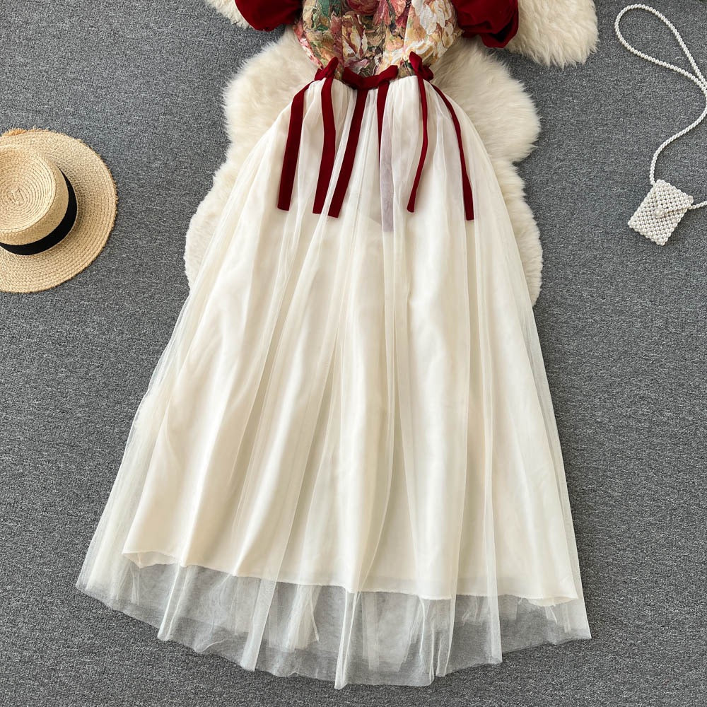 French retro niche design sense embroidered sling dress summer women's dress waist slimming mesh mid-length skirt