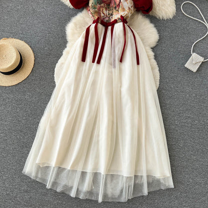 French retro niche design sense embroidered sling dress summer women's dress waist slimming mesh mid-length skirt