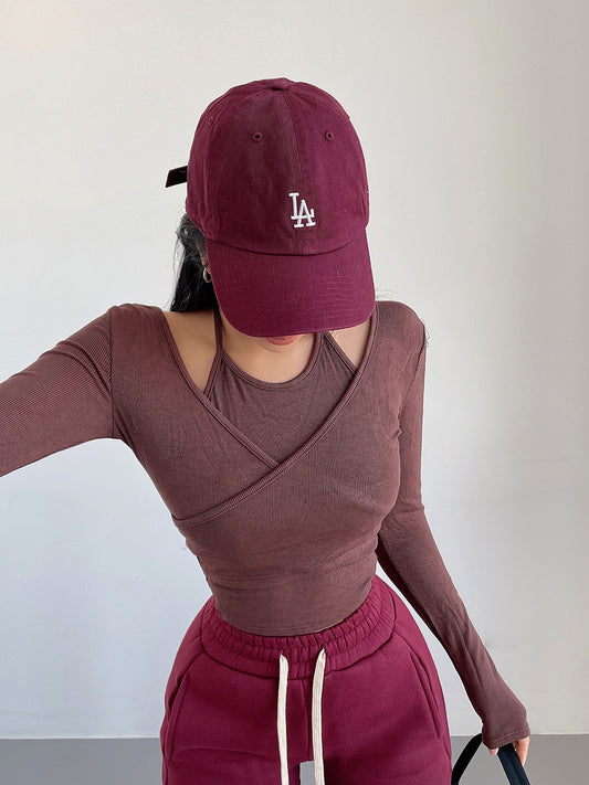 liviahome European and American pure desire girl cross wrap chest long-sleeved T-shirt feminine hanging neck fake two-piece top