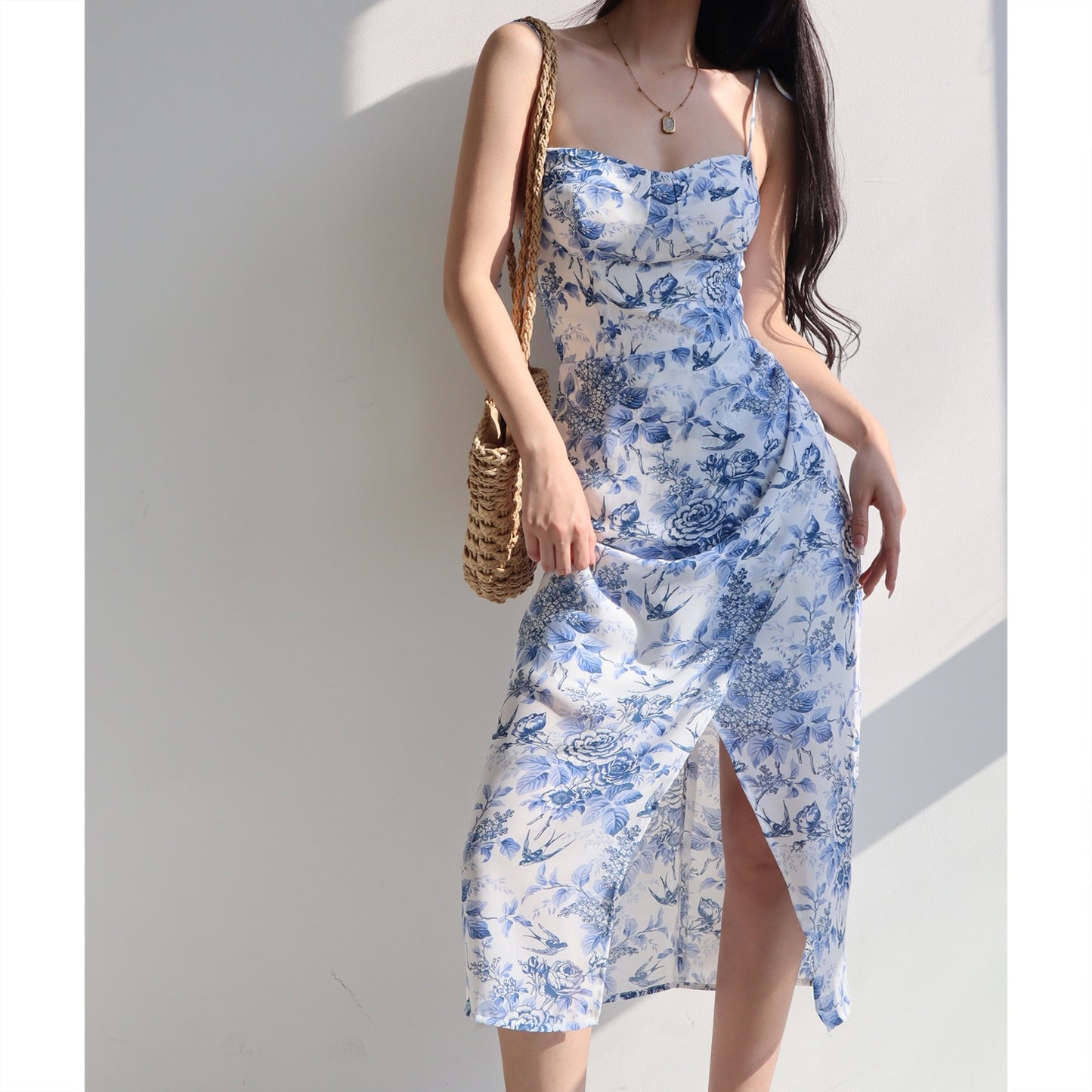 French Ink Blue Print High Waist Suspender Dress Retro Sexy Waist Slim Side Slit Holiday Dress Long Skirt