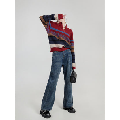 LLL LAB/This year's popular sweater retro striped knitted stand collar high-quality Hong Kong-style chic top