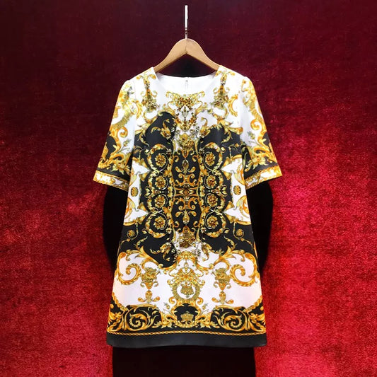 2022 summer new retro baroque print heavy-duty diamond-studded beaded high-end luxury slimming dress