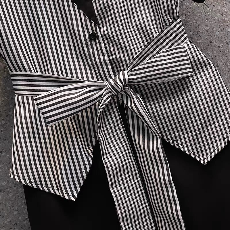 2021 summer new plus size women's clothing fat sister is thin fashion striped fake two-piece dress summer