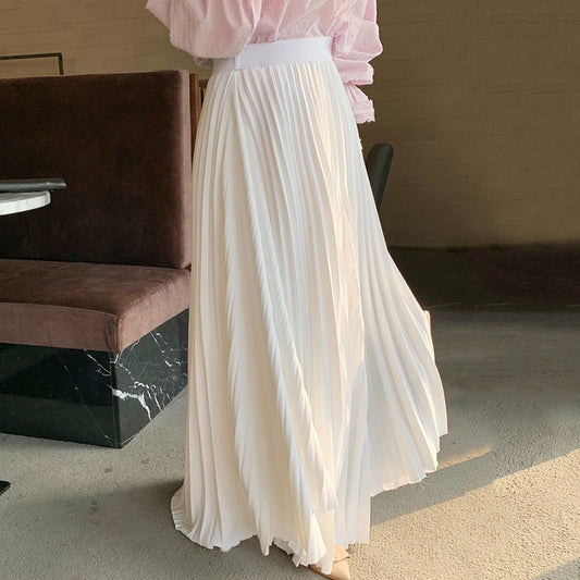 Korean chic autumn gentle temperament high waist thin irregular design large swing type pleated skirt long skirt female