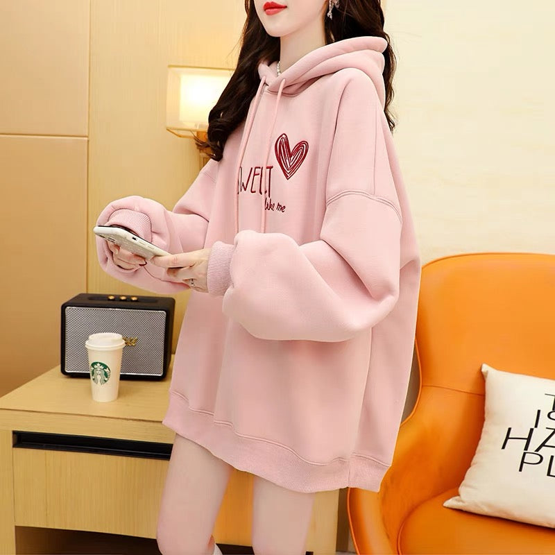 Plus velvet thickened hooded sweater jacket women's autumn and winter 2022 new foreign style age reduction loose lazy wind all-match tops