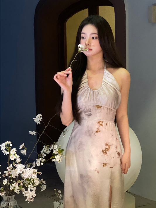 Laidan meow 2023 spring and summer new purple gray cross tie slit new Chinese style sleeveless waist waist dress