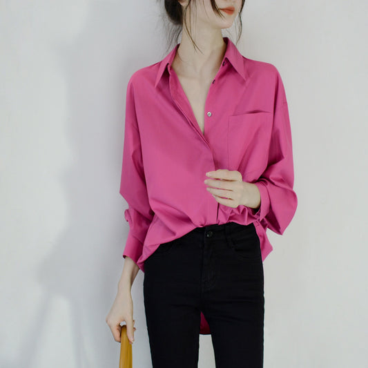 TRR youthful warm rose color pointed collar long-sleeved shirt loose niche design lantern sleeve top female