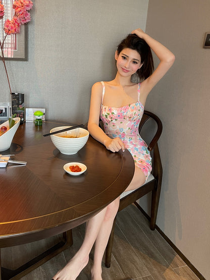 ChiclyNana super hot suspender dress female romantic floral skirt hot girl suspender skirt niche unique skirt