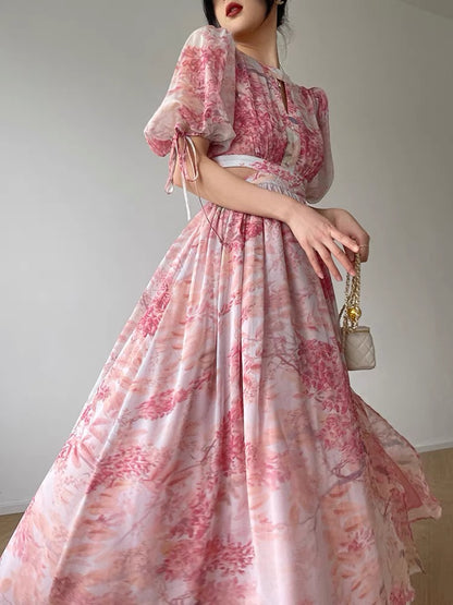 Aconiconi｜Sakura Luo French Art Print Aesthetic Atmosphere High Design Sense Showing Waist Long Dress