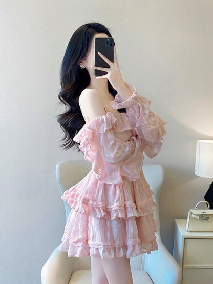 Pink cake skirt 2023 spring and autumn new style sweet one-word collar off-shoulder fluffy princess dress suspender dress female