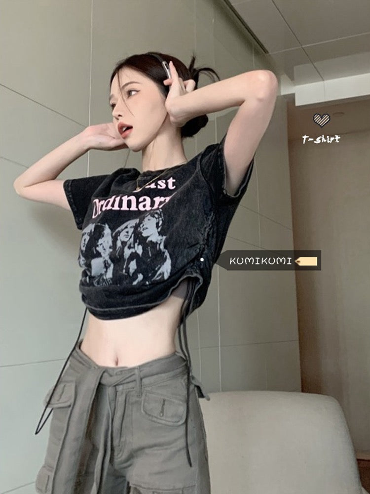 Retro old print couple short-sleeved t-shirt female summer niche design sense drawstring short hot girl navel top