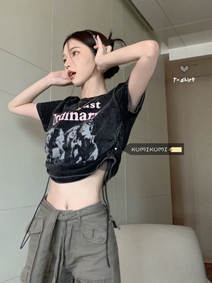 Retro old print couple short-sleeved t-shirt female summer niche design sense drawstring short hot girl navel top