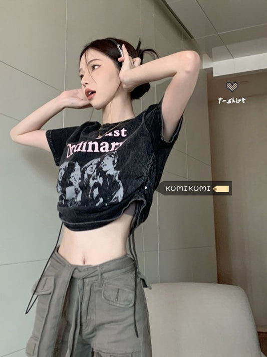 Retro old print couple short-sleeved t-shirt female summer niche design sense drawstring short hot girl navel top