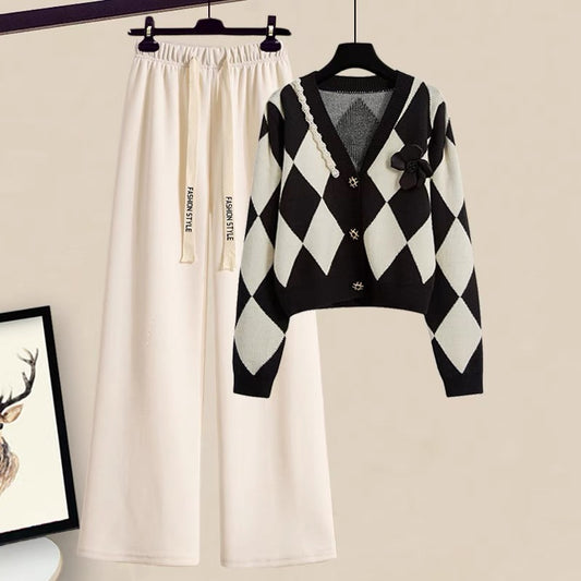 Autumn Xiaoxiang style knitted cardigan coat high waist pants wide leg pants casual fashion suit women's autumn two-piece suit