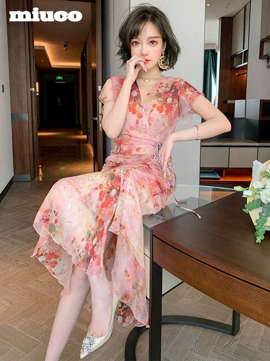 miuco silk crepe print folded placket V-neck three-dimensional smocked ruffled dress women's 2022