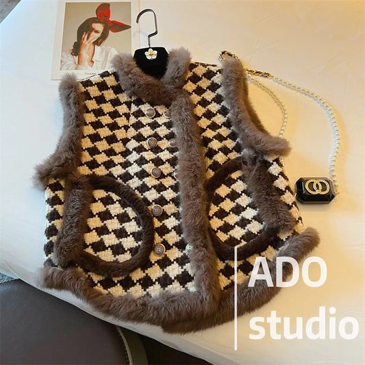 Plus velvet houndstooth vest women's Xiaoxiangfeng 2022 autumn and winter new ladies temperament sleeveless vest vest vest