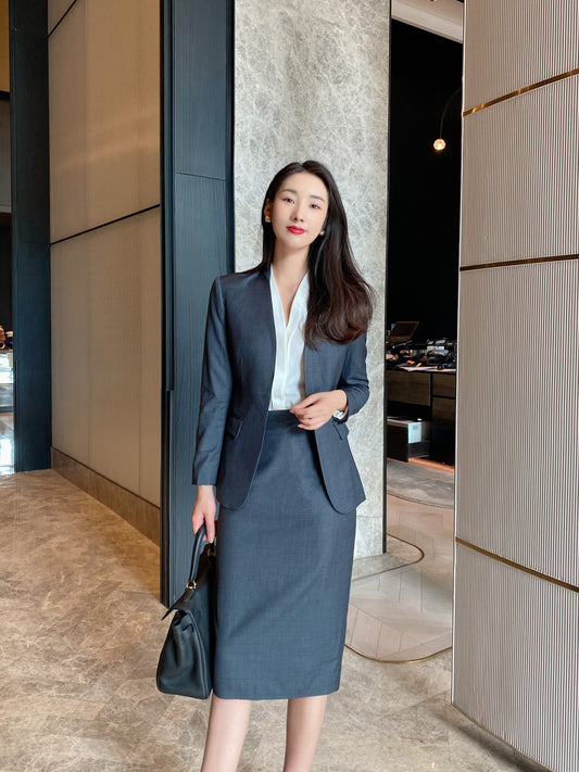 Autumn high-grade wool gray one-button suit jacket fashion commuter bag hip one-step skirt slim fit suit
