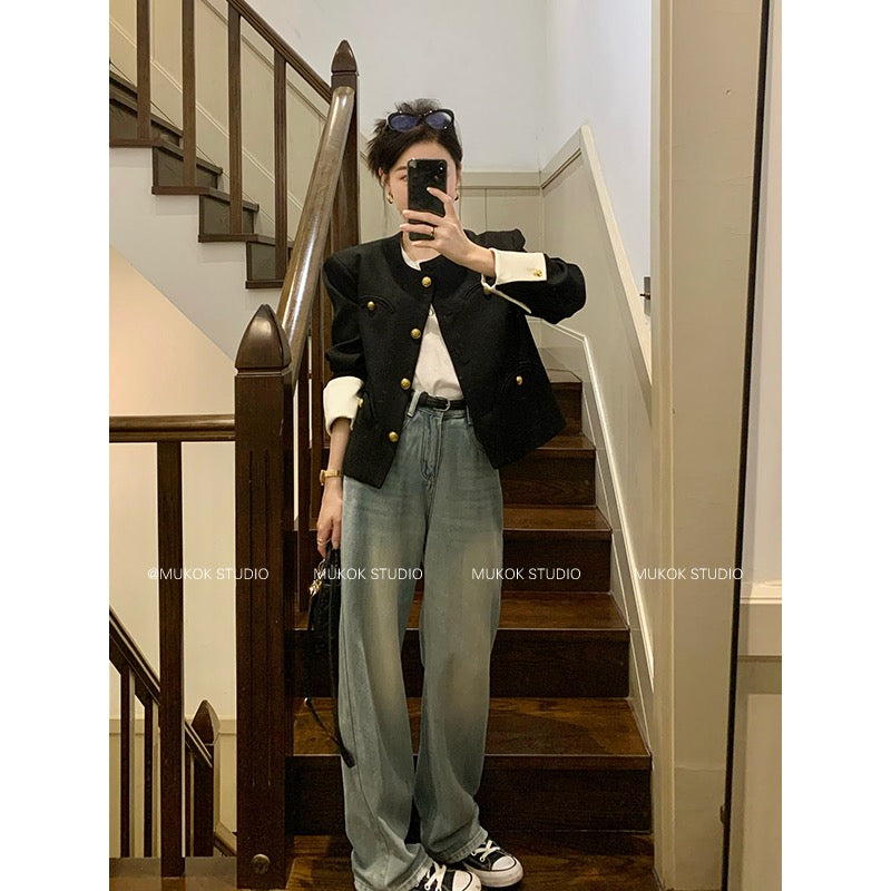 MUKOK high-end black small fragrance short jacket women's 2023 spring new slim temperament short top