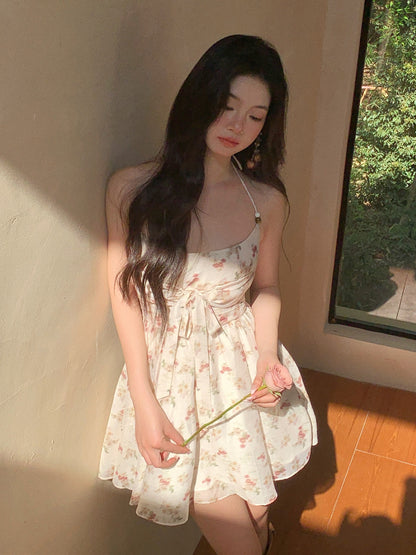 Vetiver Halter Neck Sleeveless Waist Sweet Backless Floral Bow Knot Dress Short Skirt