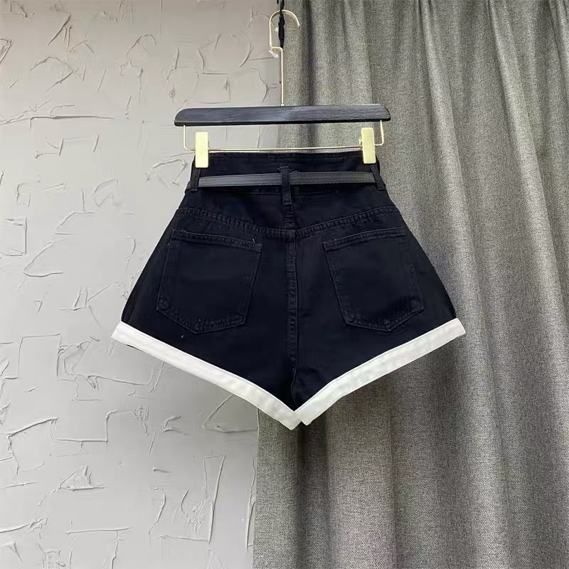 Black design hot girl contrast color edge denim shorts women's autumn 2022 new Korean version of the high waist A-line hot pants trend q128
