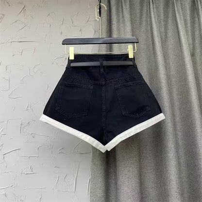 Black design hot girl contrast color edge denim shorts women's autumn 2022 new Korean version of the high waist A-line hot pants trend q128