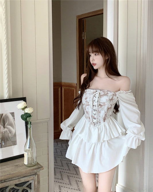 French one-shoulder long-sleeved dress women's spring temperament puff sleeve short skirt slim off-shoulder fluffy cake skirt