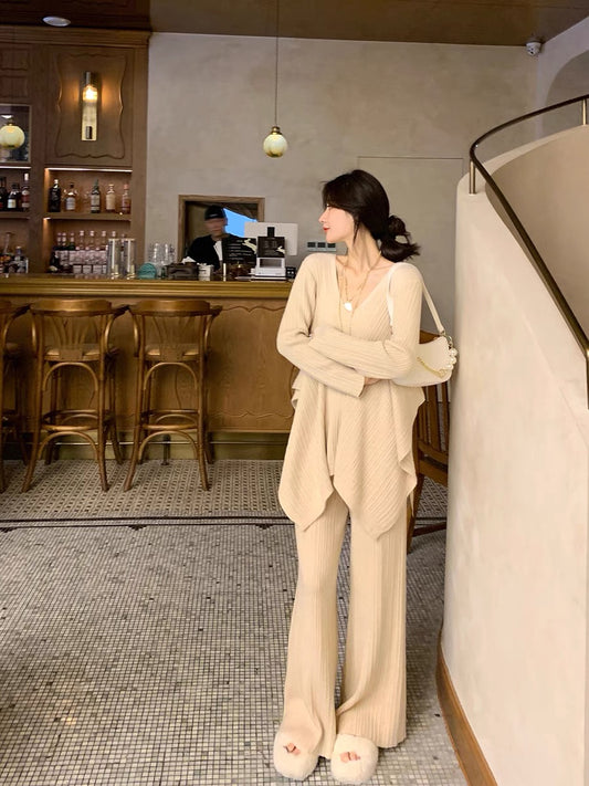 GUOGUOWOMEN 2022 Autumn Irregular Knitted Sweater + High Waist Casual Wide Leg Pants Fashion Suit