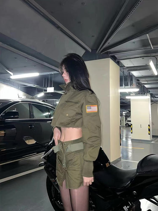 Yuanyuan sauce SAYUKI.Y American hot army green tooling two-piece set short waist top skirt suit 1158