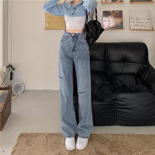 Niche washed light blue jeans women's summer high waist wide leg pants ripped straight pants design sense trousers pants 1321