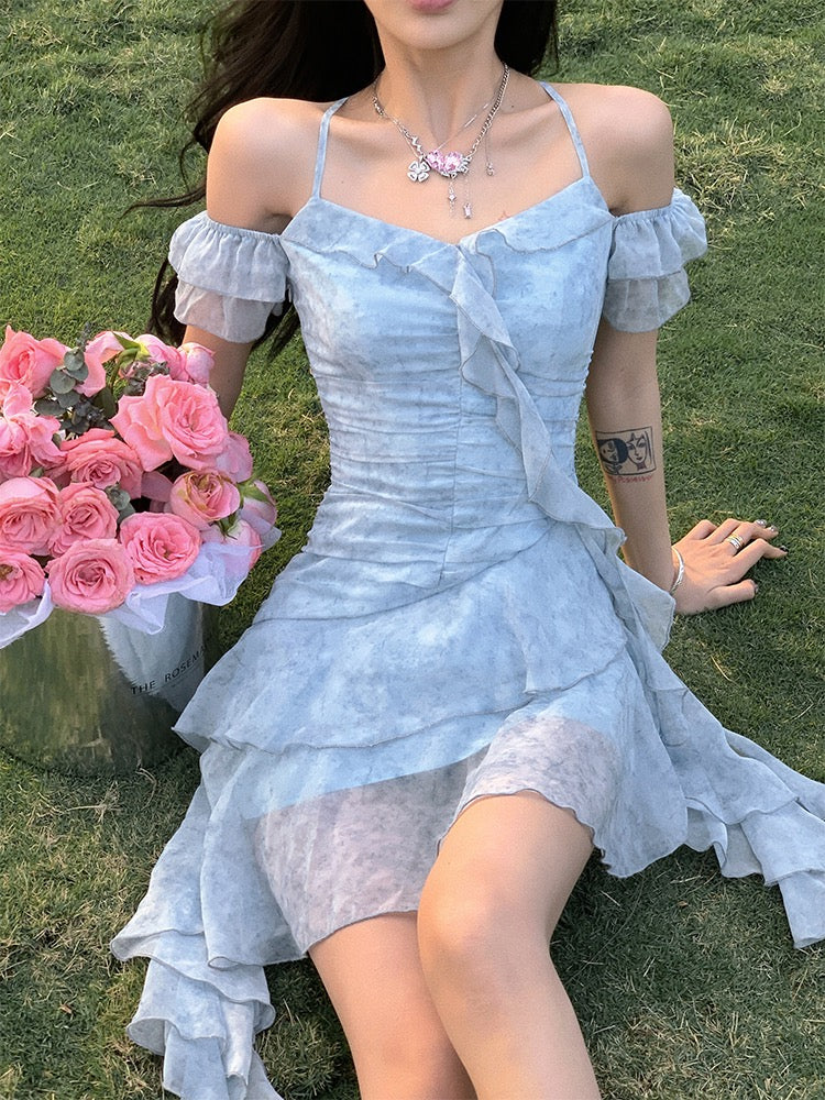 Aunt Barbie Floral Suspender Dress Halter Neck Spring Dress Women 2023 New Gentle Wind Cake Dress Sweet and Spicy Fairy Dress