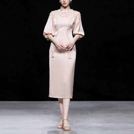 Summer women's clothing 2022 new temperament stand collar lantern sleeves slim waist and thin cheongsam dress long skirt skirt