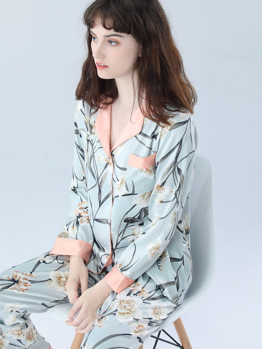 IIZZINI original 2023 women's pajamas spring and autumn long-sleeved ice silk daffodil silk luxury home clothes suit women