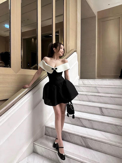 Woppei early spring new girly style niche design sense big V-neck shushuton* black strapless dress