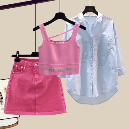 Summer new sweet and spicy small suit female hot girl wearing pink vest shirt skirt net red fried street three-piece suit