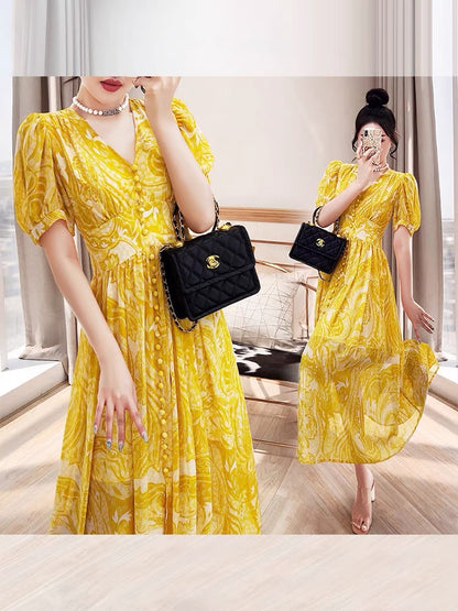 Gentle wind long skirt women's 2022 new summer dress temperament lady wind yellow v-neck floral chiffon dress