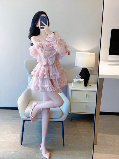 Pink cake skirt 2023 spring and autumn new style sweet one-word collar off-shoulder fluffy princess dress suspender dress female