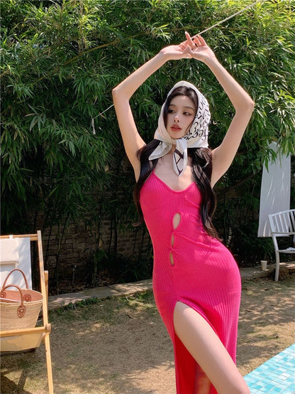 Hot girl sexy suspender dress women's clothing 2023 summer new pure desire slit waist waist mid-length bag hip skirt