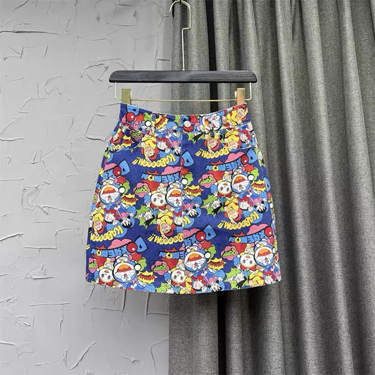 Korean personality cartoon pattern denim short skirt women's autumn 2022 new slim slimming bag hip high waist skirt Q116