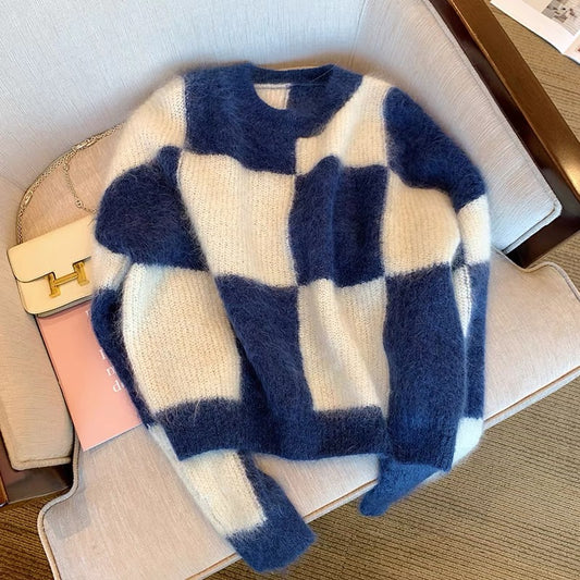 High-quality contrasting color checkerboard mohair pullover sweater women's 2022 early autumn new short round neck sweater Korean