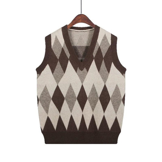 Faslu Lingge knitted vest women's winter new design small coffee color top retro v-neck sweater vest