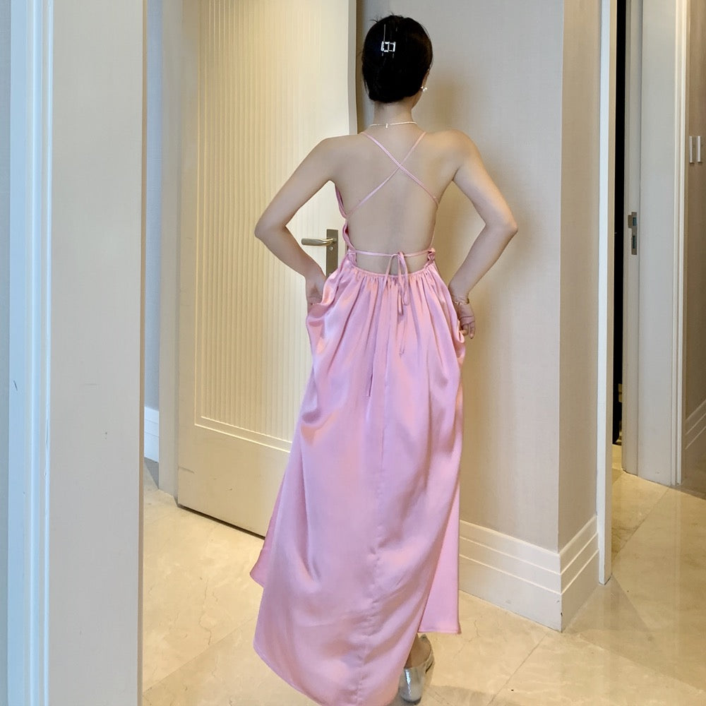 Seaside holiday beach skirt Xia Sanya travel wear sexy backless pink dress temperament dress super fairy