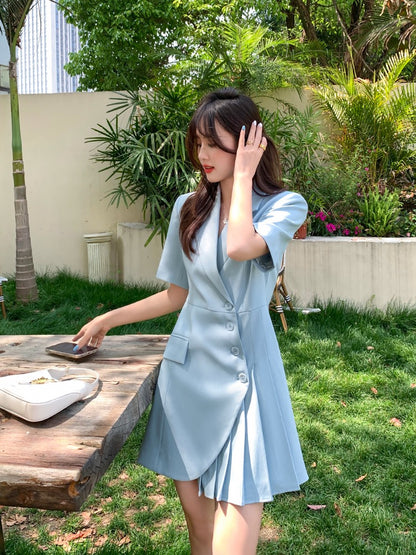 2023 spring and summer new avocado green irregular short-sleeved suit dress women's high waist slim chic suit skirt
