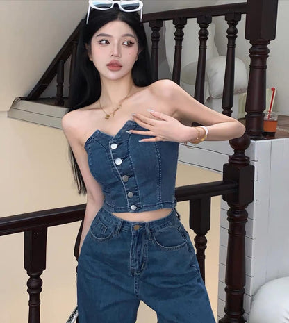 Suit female summer hot girl sexy tube top vest high waist loose slim straight trousers retro denim two-piece set