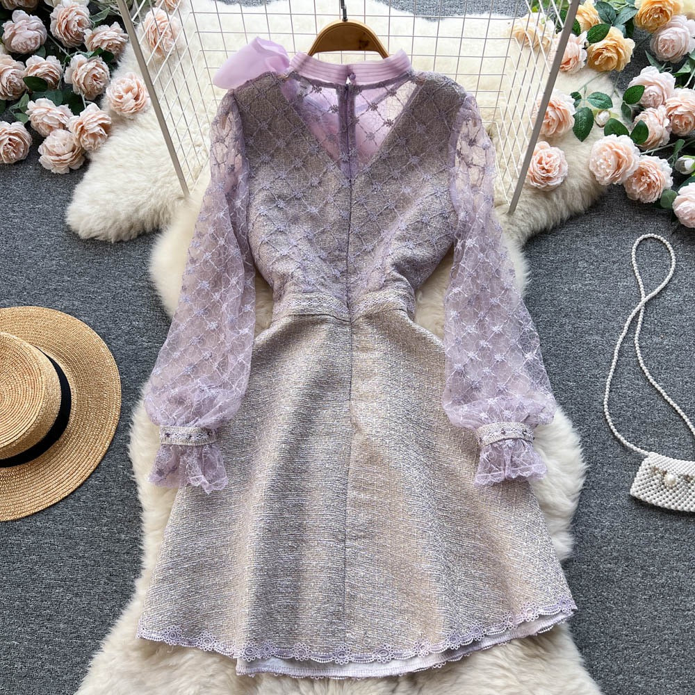 Autumn design sense heavy industry beaded mesh yarn embroidered bowknot dress female long-sleeved princess A-line bag hip skirt