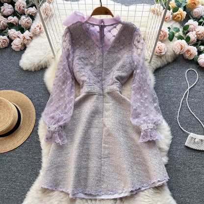 Autumn design sense heavy industry beaded mesh yarn embroidered bowknot dress female long-sleeved princess A-line bag hip skirt