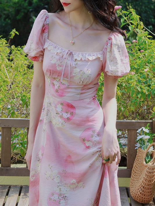 Haze Hezhi "Furong Yuyi" Retro New Chinese Dress Women's Neck Puff Sleeve Printed Mid-length Dress