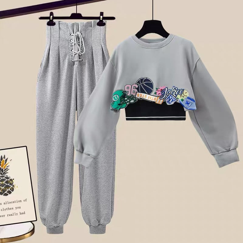 Autumn female hot girl suit small autumn dress with a complete set of high-end Hong Kong style sweater casual pants two-piece set