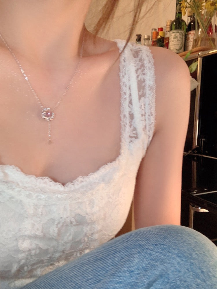 Delicate and sweet pink zirconium tassel necklace girls light luxury niche design sense high-end necklace temperament versatile clavicle chain