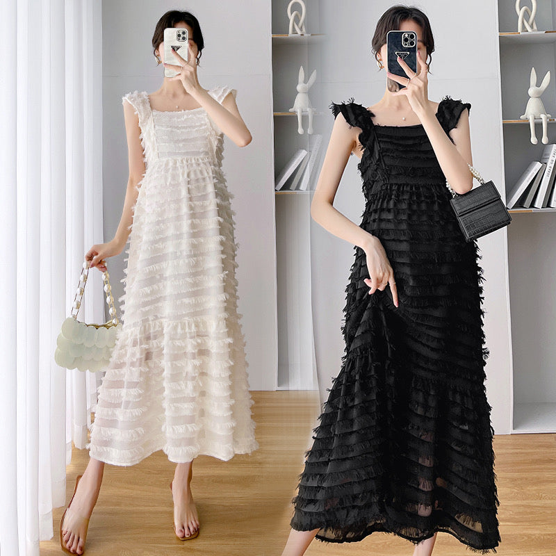 Maternity dress summer dress design sense small flying sleeve fashion going out temperament French cake layer pregnant woman long skirt