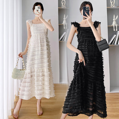 Maternity dress summer dress design sense small flying sleeve fashion going out temperament French cake layer pregnant woman long skirt